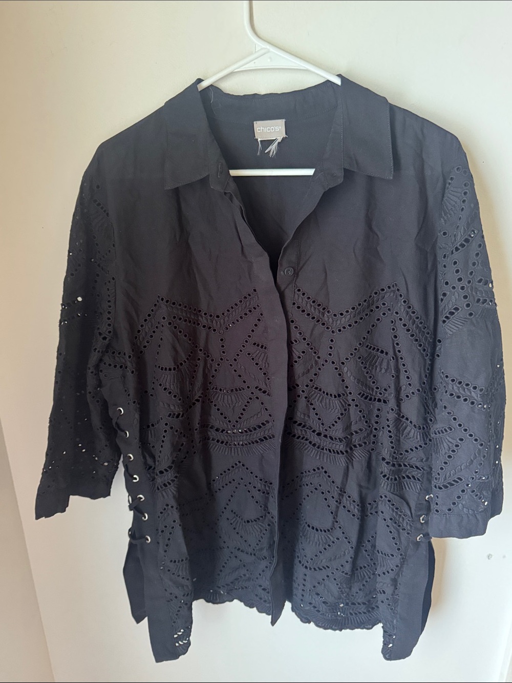 Chico's Black Eyelet Lace Up Sides Button Front Top Shirt